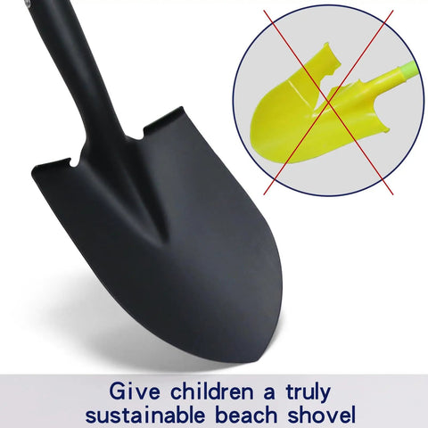 Close-up of a Kids Beach Shovel For Digging And Gardening 28 Inch Metal Shovel With Short Handle Durable Green showing sturdy metal head.