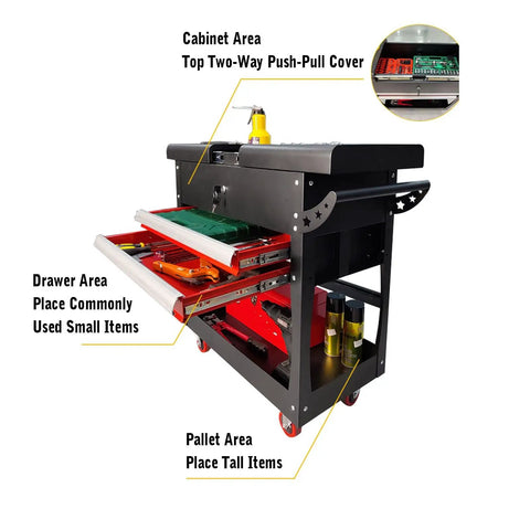 Heavy Duty Rolling Tool Cart With 2 Drawers, Pro Grade Mobile Tool Box Storage Organizer For Garage, Workshop And Warehouse, Rugged Cold Rolled Steel Service Cart With Auto Locking System, open drawers and top cabinet