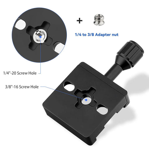 Arca Swiss Compatible 50mm Screw Knob Clamp Adapter for Quick Release Plates Fits Camera Tripod Ball Heads and Monopods Captive Knob With Safety Stop Grooves M6 Mount and Three Eighths Inch Threaded Hole for Versatile Rig, black aluminum plate with 1/4 and 3/8 holes