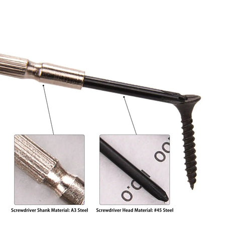 Close-up of 11 Piece Mini Precision Screwdriver Set for Repairing Computers Electronics Toys and Watches, steel shank and head detail