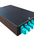 Plug And Play Om3 Multimode Fiber Wall Mount Enclosure featuring six duplex LC UPC ports in black metal housing.