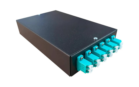 Plug And Play Om3 Multimode Fiber Wall Mount Enclosure featuring six duplex LC UPC ports in black metal housing.