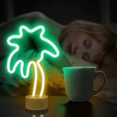 Palm Tree Neon Light With Stand For Bedroom And Game Room In Green And Yellow Colors Battery Or USB Powered Coconut Trees Sign