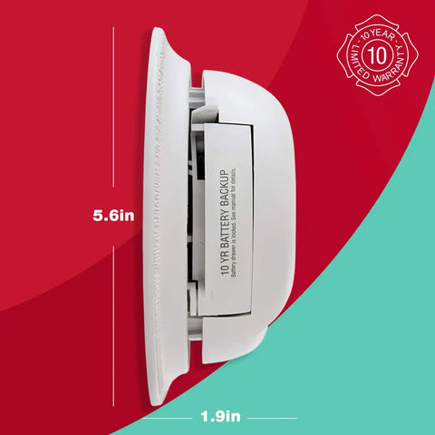 Hardwired Smoke And Carbon Monoxide Combo Detector With Adapter Plugs For No Sweat Swap Install And Ten Year Battery Backup side view with dimensions 5.6in height and 1.9in width.