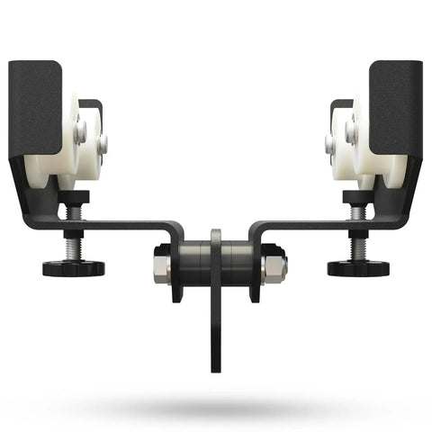 Close-up of Rolling Beam Mount With Brakes For Heavy Bags Black 7.5 To 9.25 Inches showing nylon wheels and metal construction.