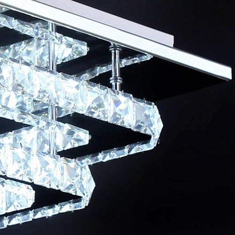 Close-up of the K9 crystal accents on the 9.8 Inch Square Crystal Flush Mount LED Ceiling Light With Switch Control Three Color Temperature 3000K 6500K K9 Crystal Mirror Base Non Dimmable 85 To 260V Low Profile Close To Ceiling Glam Crystal Glow For Modern Homes, highlighting the intricate crystal design and mirror base.