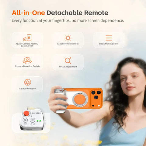 Woman using Magnetic iPhone Camera Grip With Removable Remote And Built In Keychain Native Camera Control No App Needed Quarter Inch Tripod Mount Works With iOS 17 18 26 Ideal For Quick Snaps And Vibe Vids showcasing detachable remote features.