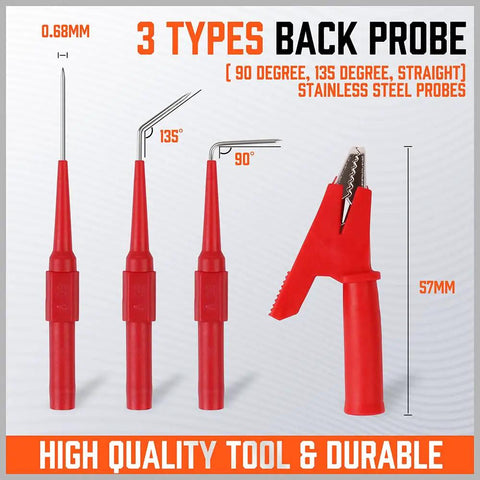 22 Piece Back Probe Kit With Color Coded Silicone Wires For Multimeter, Circuit Diagnosis And Automotive Testing, Stainless Steel Probes In Straight, 90 Degree And 135 Degree Tips, Plus 4 Mm Banana Plugs And Copper Alligator Clips, showing three probe tips and clip.