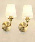Onwecen Wall Sconces Set of 2, Modern Bathroom Light Fixtures, Brushed Gold, featuring white fabric shades and elegant design.