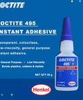Loctite 495 instant adhesive bottle with blue label and white cap on blue background, Henkel logo visible