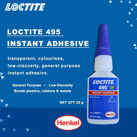 Loctite 495 instant adhesive bottle with blue label and white cap on blue background, Henkel logo visible