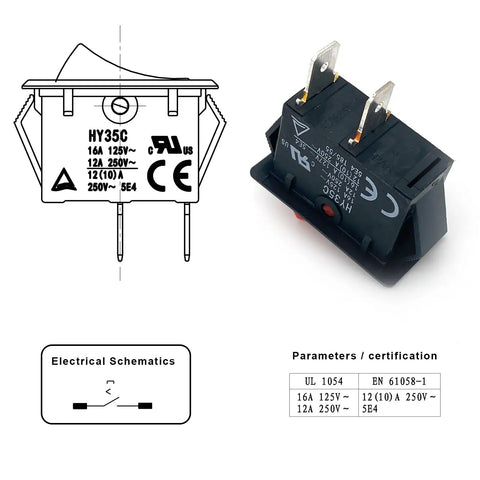 Beefy SPST Rocker Switch 2 Pin 16A 125V Or 12A 250V Push Button Control electrical schematic and parameters