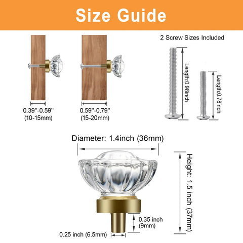 Size guide for Gold Crystal Cabinet Knobs 8 Pack With Round Flower Design For Dresser, Cupboard, Closet And Drawers