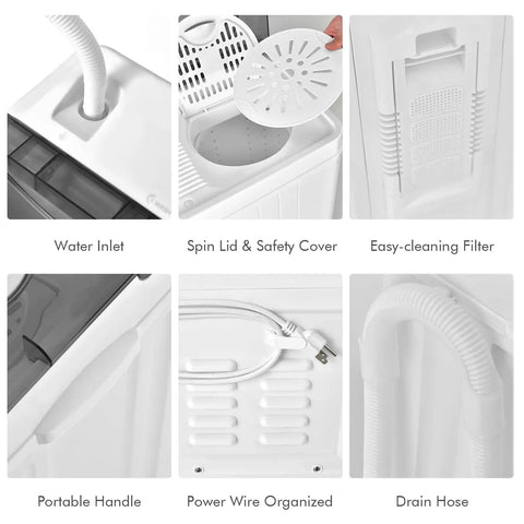 Compact Twin Tub Portable Washing Machine With Separate Wash And Spin Dryer Dual Timer Knobs Auto Drain Pump Fits Any Small Room Light Grey White featuring water inlet, portable handle, and easy-clean filter.