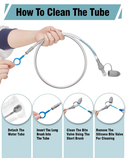 Go To 2L Hydration Bladder Kit With Cleaning Kit For Hiking Backpacks, showing cleaning process for tube and valve.