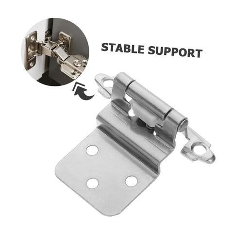 Unomor inset cabinet hinge, self-closing with mounting plate, metal finish for kitchen and bathroom cabinets.