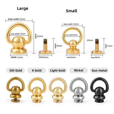 Top Tier 20 Pack Solid Brass Ball Chicago Studs Heavy Duty Screw Rivets With D Rings Badass Hardware For Leathercraft Belt Straps Wallet Chains And Diy Gear Gilt Gold Small product sizes and color options displayed.