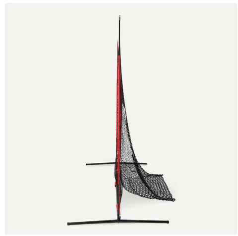 Side view of Grab-And-Go Portable Baseball And Softball Practice Net With Strike Zone Target 7x7 Ft, powder-coated steel frame.