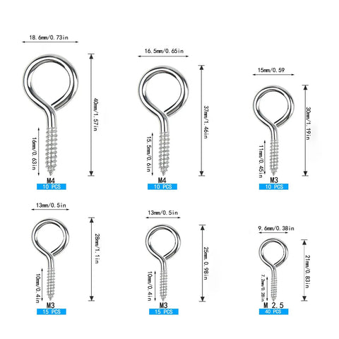 Diagram of 100 Piece Eye Bolts And Eye Screws Hooks Set For Hanging Crafts DIY Projects, assorted M2.5 M3 M4 sizes with dimensions