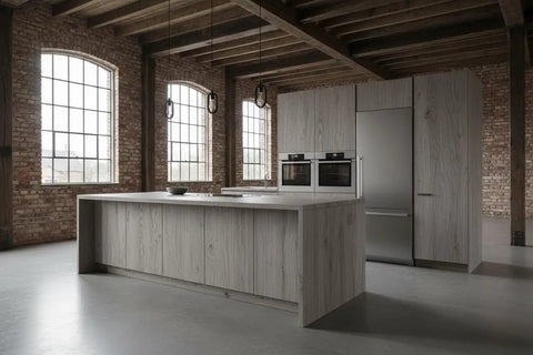 Straight Up Heavy Duty Reactive Water Based Interior Wood Stain Generates A Relaxed Coastal Driftwood Vibe Fully Voc Free Designed For Diy Craftsmen And Renovators Arrives Loaded Inside A Massive Fifty Five Gallon Tub in a modern kitchen setting.