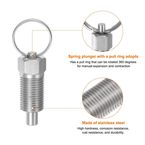 Solid Stainless Steel Spring Plunger With M16x1.5 Thread And 8mm Pin Shaft close-up with pull ring for manual adjustment.