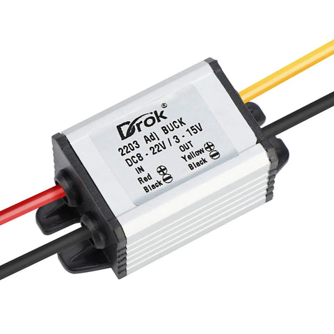 Waterproof DC Buck Converter Regulator 8 To 22V In To 3 To 15V Out 5V 12V Adjustable 3A Step Down Power Module shown at an angle