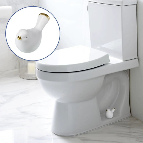 Two Packs Bird Shaped Toilet Bolt Covers Ceramic Screw Caps For Toilet Bolts Easy Install Cute Bathroom Decor White Replacement Parts For Bottom Of Toilets shown installed on a toilet with a close-up inset of a single cover.