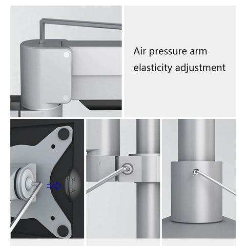 Heavy Duty Quad Monitor Desk Stand Mount For 15 To 27 Inch Screens With Smooth Height And Tilt Adjustments Solid Aluminum Alloy Build close-up of air pressure arm for elasticity adjustment.