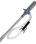 Side view of Ontel Turbo Pump automatic liquid transfer pump; gray handheld unit with white corrugated hose.