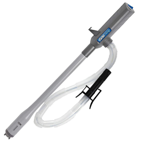 Side view of Ontel Turbo Pump automatic liquid transfer pump; gray handheld unit with white corrugated hose.