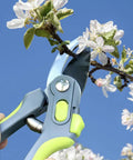 Hand using 8 inch bypass pruner from Three Piece Garden Pruning Tool Set With 28 Inch Lopper 23 Inch Hedge Shears And 8 Inch Bypass Pruner Beast Mode Heavy Duty Pro Grade Branch Cutters For Thick Branches Tree Trimming And Hedge Care to trim branch