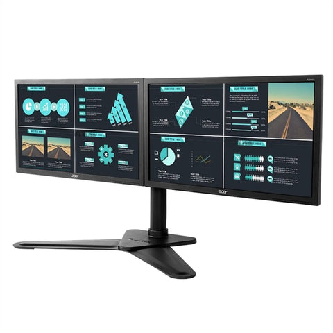 Heavy Hitter Dual Monitor Stand Free Standing Desk Mount For Two Screens Up To Thirty Inches showcasing two displays on a sturdy base.