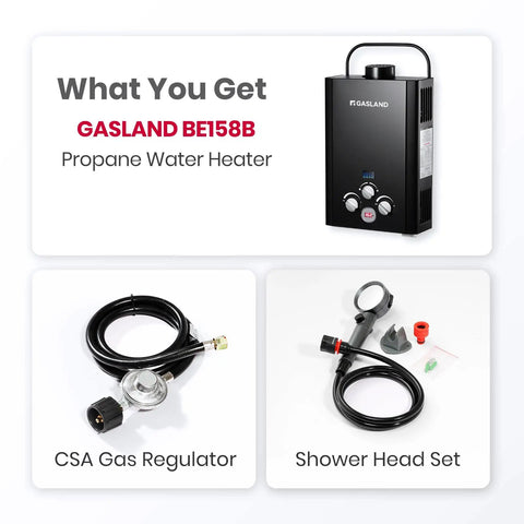 Gasland BE158B 6L Portable Propane Tankless Water Heater With Digital Display And Multi Protection, 41,000 BTU Per Hour Heating Power, Delivers 1.58 GPM Hot Water On Demand, Ideal For Outdoor Camping, RVs, Van Life, Boats, And Mobile Use, Black, with CSA gas regulator and shower head set.