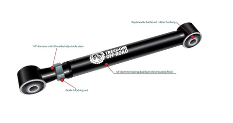 Heavy Duty Front And Rear Adjustable Control Arms Kit For Zero To Eight Inch Lift Rubber Bushings Includes Upper And Lower Arms Off Road Ready 8 Piece Set Lifetime Warranty shown in close-up with replaceable rubber bushings and adjustable stem.