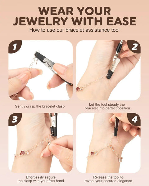 Step-by-step guide using Portable Bracelet Helper Tool With Rubber Tip Clips And 1mm Round Hook for easy solo fastening.