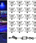 Low Voltage Blue LED Deck Lights Kit with 20 waterproof recessed lamps, IP67; in-ground for gardens, pathways, patios, stairs