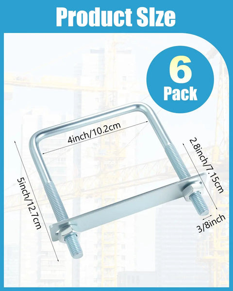 Six Pack Square U Bolts Four Inch Wide Zinc Plated Three Eighths Inch By Four By Five Inch Carbon Steel For Sailboats Trailers Tubes And Industrial Use shown with measurements