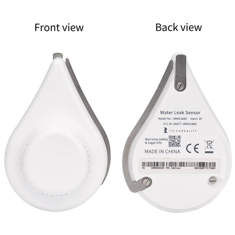 Front and back view of Zigbee Water Leak Sensor With Dripping Detection, 120dB Alarm, App Alerts, Hassle Free Setup, And Home Assistant Support.