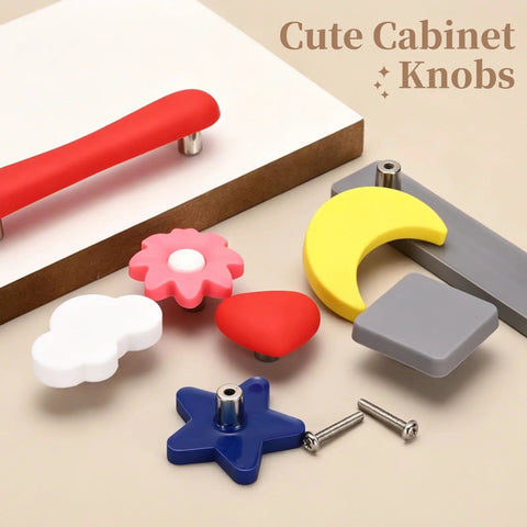 Assorted colorful cabinet knobs including star, flower, moon shapes. Not the Heart Shaped Soft Silicone Cabinet Knobs Set Of 6 With Screws.
