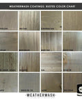 Weatherwash coatings rusted color chart showing various wood types and finishes for authentic aged appearance.