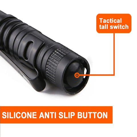 Close-up of 10 Pack Dope Mini Pocket Flashlights With Clip Penlight Style Tactical Beams, showing silicone anti-slip button