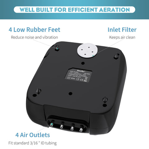 4 Outlet Aquarium Air Pump Quiet Adjustable Oxygen Aerator For Fish Tanks And Ponds base view with air outlets and inlet filter.