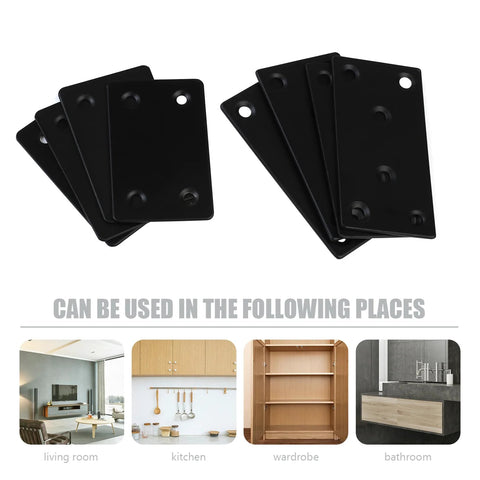 Eight Piece Black Metal Flat Mending Plates Set With 40 Screws And Screwdriver For Wood Shelves And Furniture