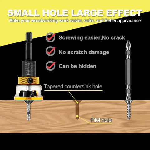 Illustration showing Counter Sink Drill Bit Set With Adjustable Depth HSS M2 Countersink Bits creating tapered pilot hole in wood