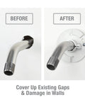 Before and after comparison of Shower Arm Stabilizer Bracket With Flange Cover Chrome Finish For Wobbly Shower Arms Installed on Wall