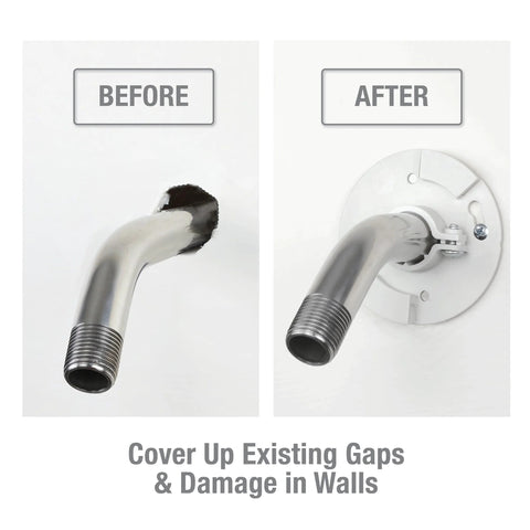 Before and after comparison of Shower Arm Stabilizer Bracket With Flange Cover Chrome Finish For Wobbly Shower Arms Installed on Wall