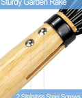 Close-up of wooden handle on 15 Inch Garden Claw Rake With Military Grade Steel Tines And Solid Wood Handle, showing stainless steel screws.