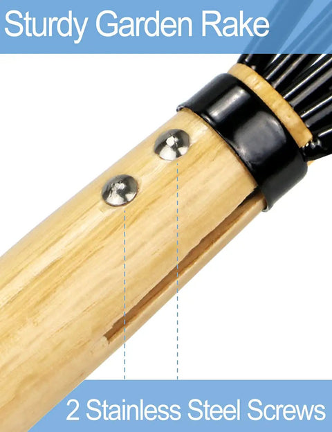 Close-up of wooden handle on 15 Inch Garden Claw Rake With Military Grade Steel Tines And Solid Wood Handle, showing stainless steel screws.