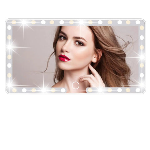 Sun Visor Vanity Mirror With 60 LEDs And 3 Light Modes displaying a reflection of a woman touching her face, illuminated by LEDs.