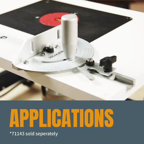 Rock Solid Benchtop Router Table Setup With Adjustable Aluminum Fence And Heavy Duty Dust Collection Kit Featuring Smooth MDF Work Surface Plus All Hardware For Quick Flat Finish Every Single Job, showing adjustable aluminum fence and angle guide.